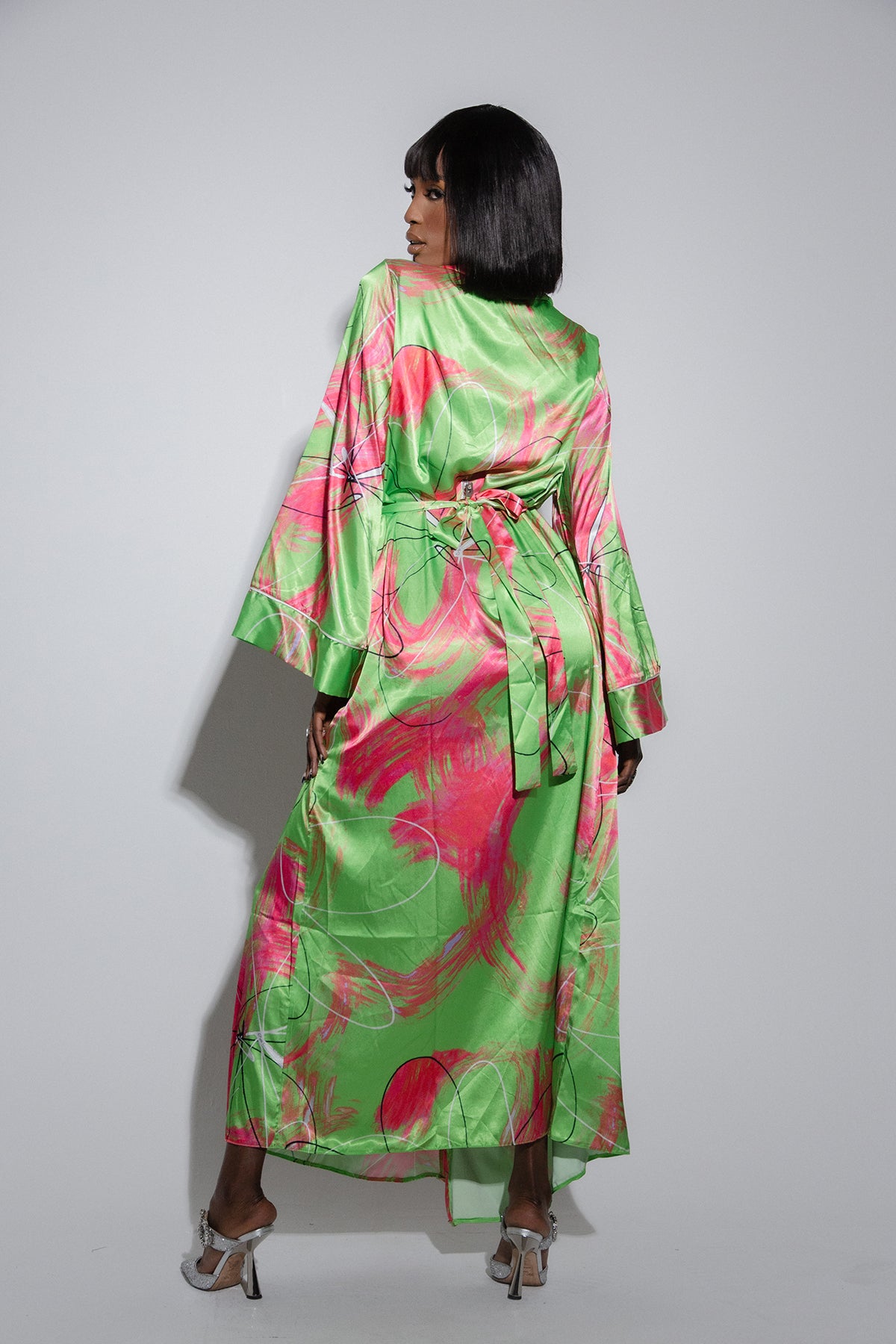 Acacia Silky Satin Printed Kimono- Lime