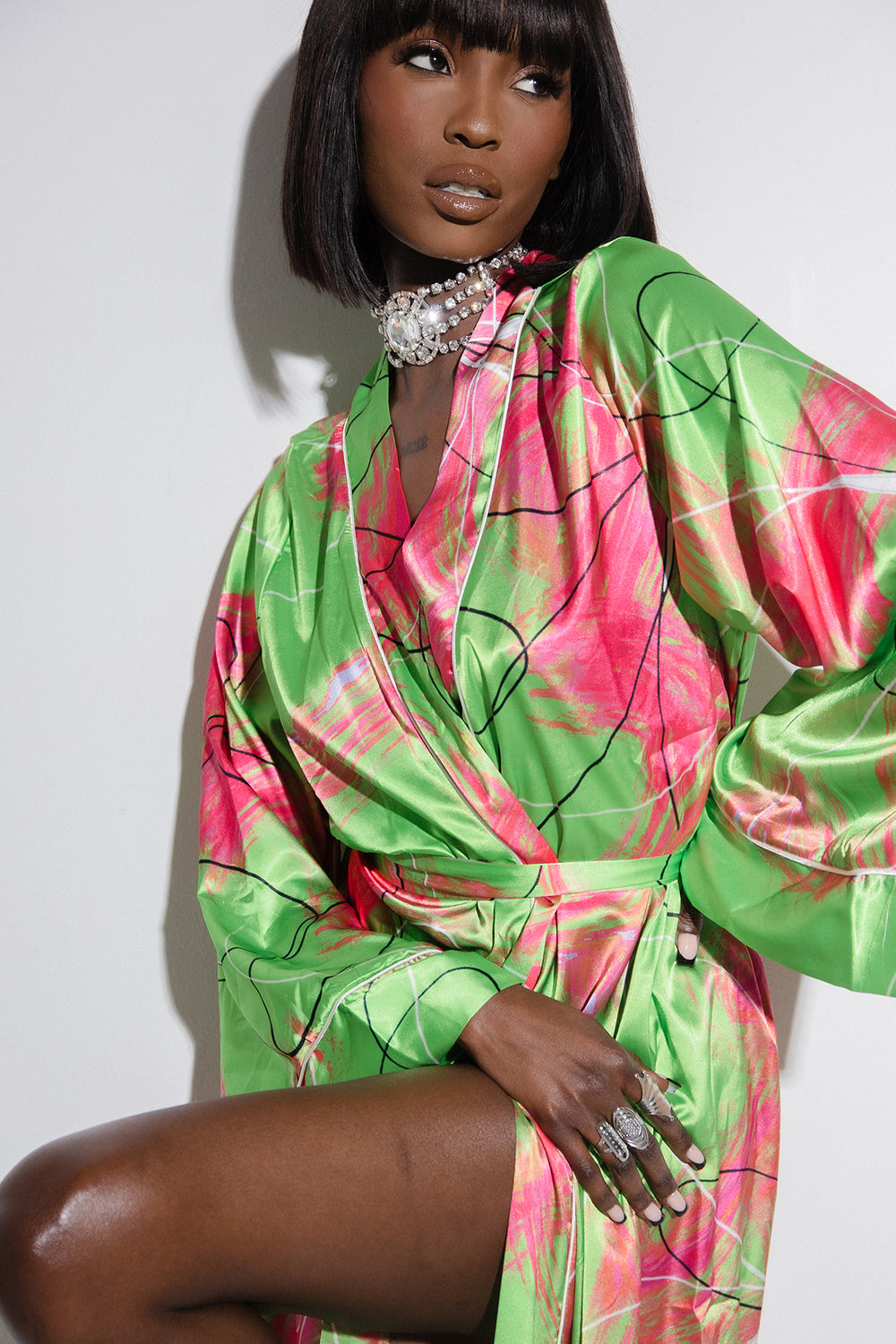 Acacia Silky Satin Printed Kimono- Lime