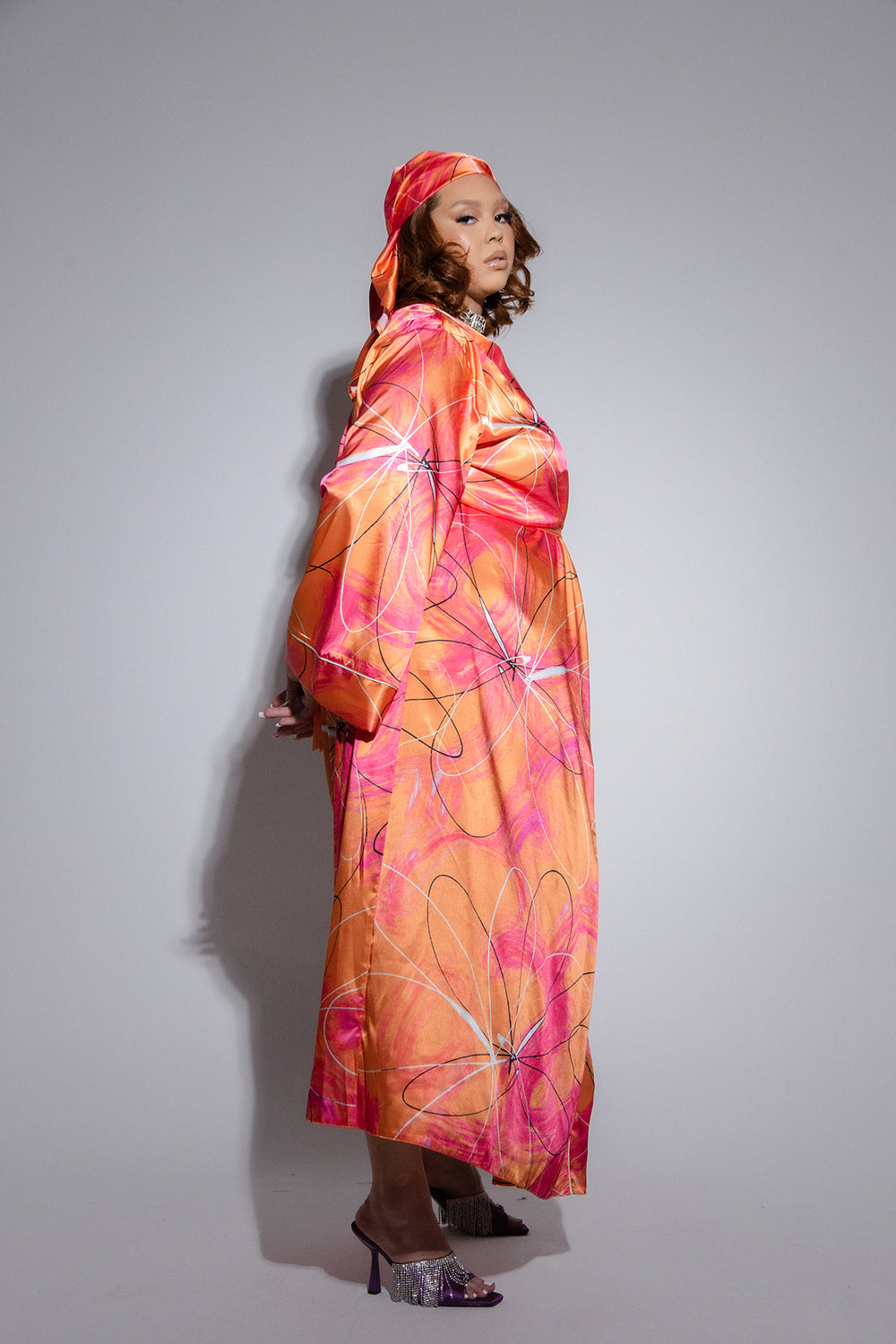 Acacia Silky Satin Printed Kimono- Mandarin