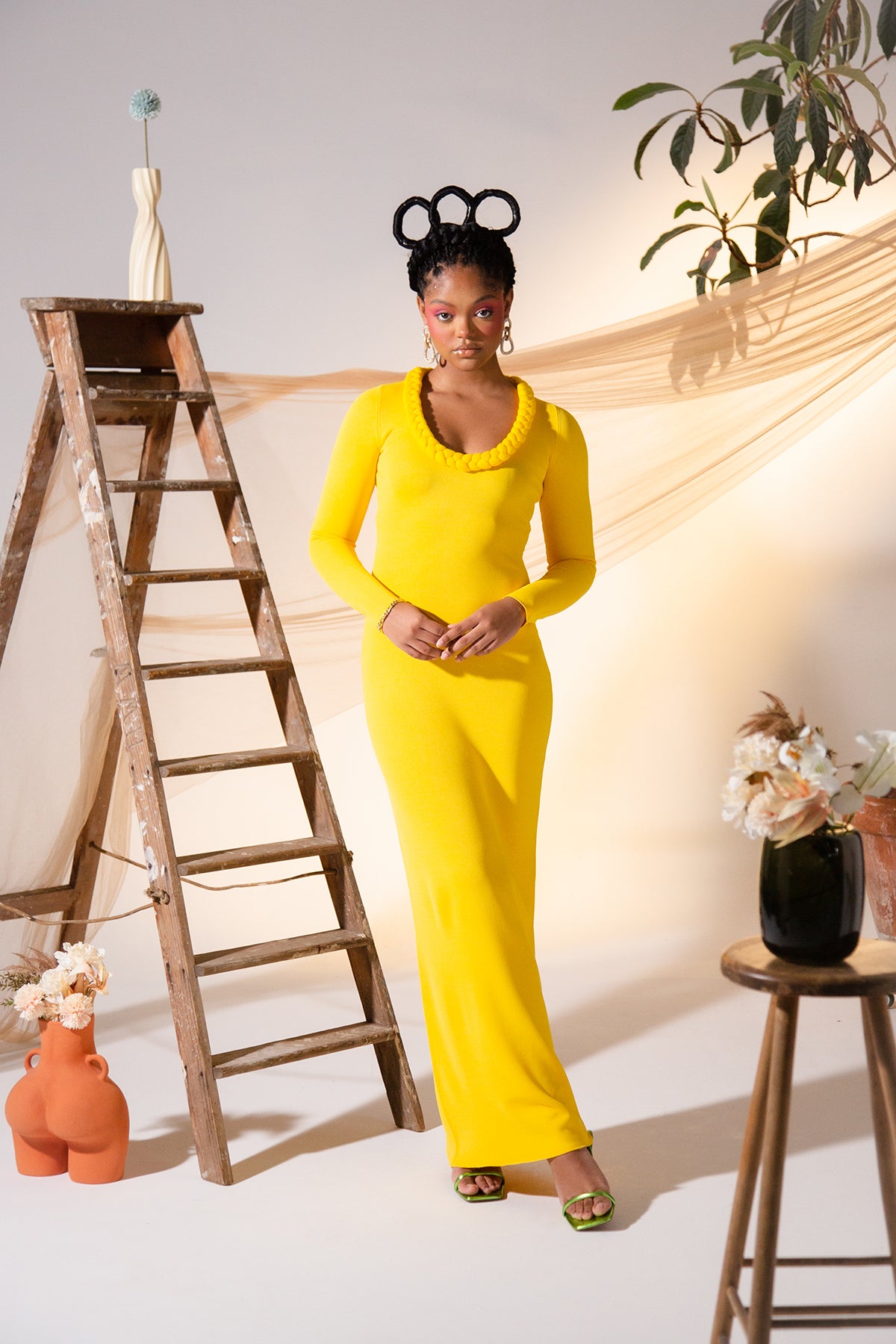 Imade Knitted Long Sleeve Braid Dress - Yellow