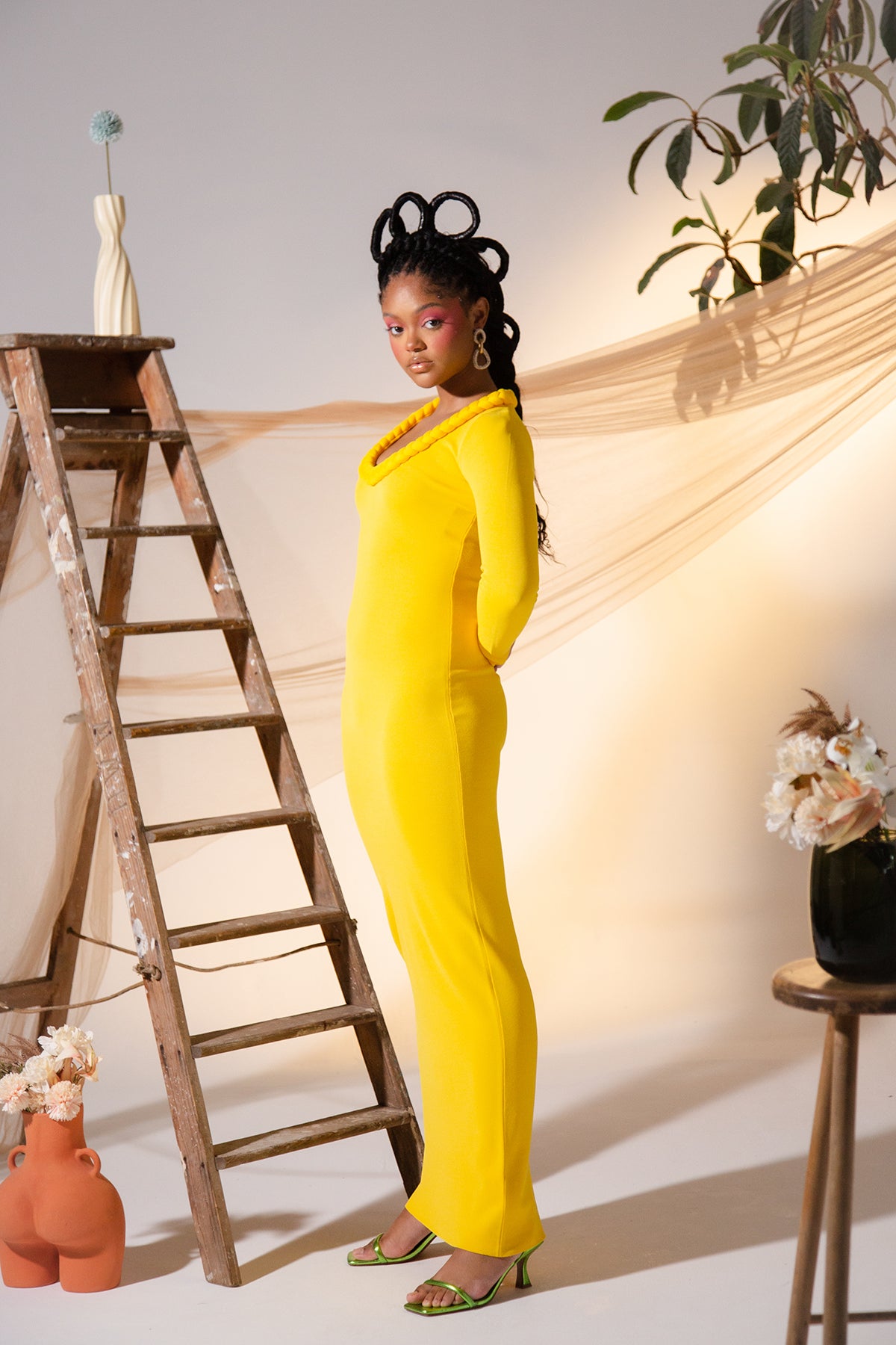 Imade Knitted Long Sleeve Braid Dress - Yellow