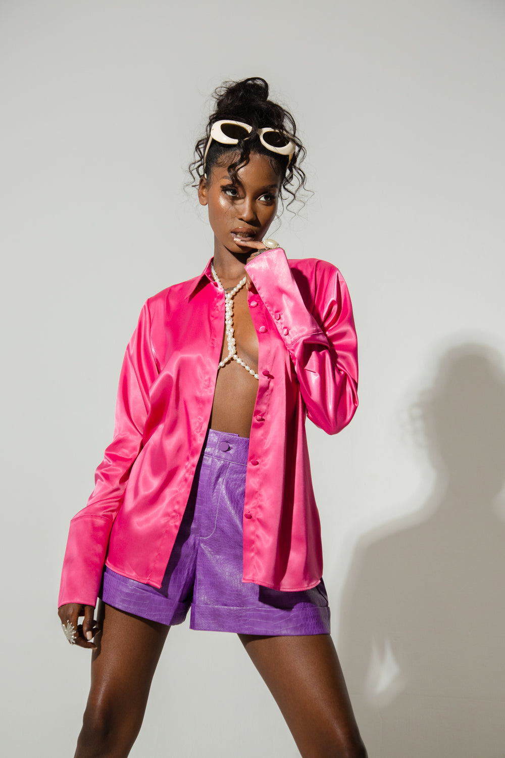 Kiam Silky Satin Button Up Shirt - Hot Pink