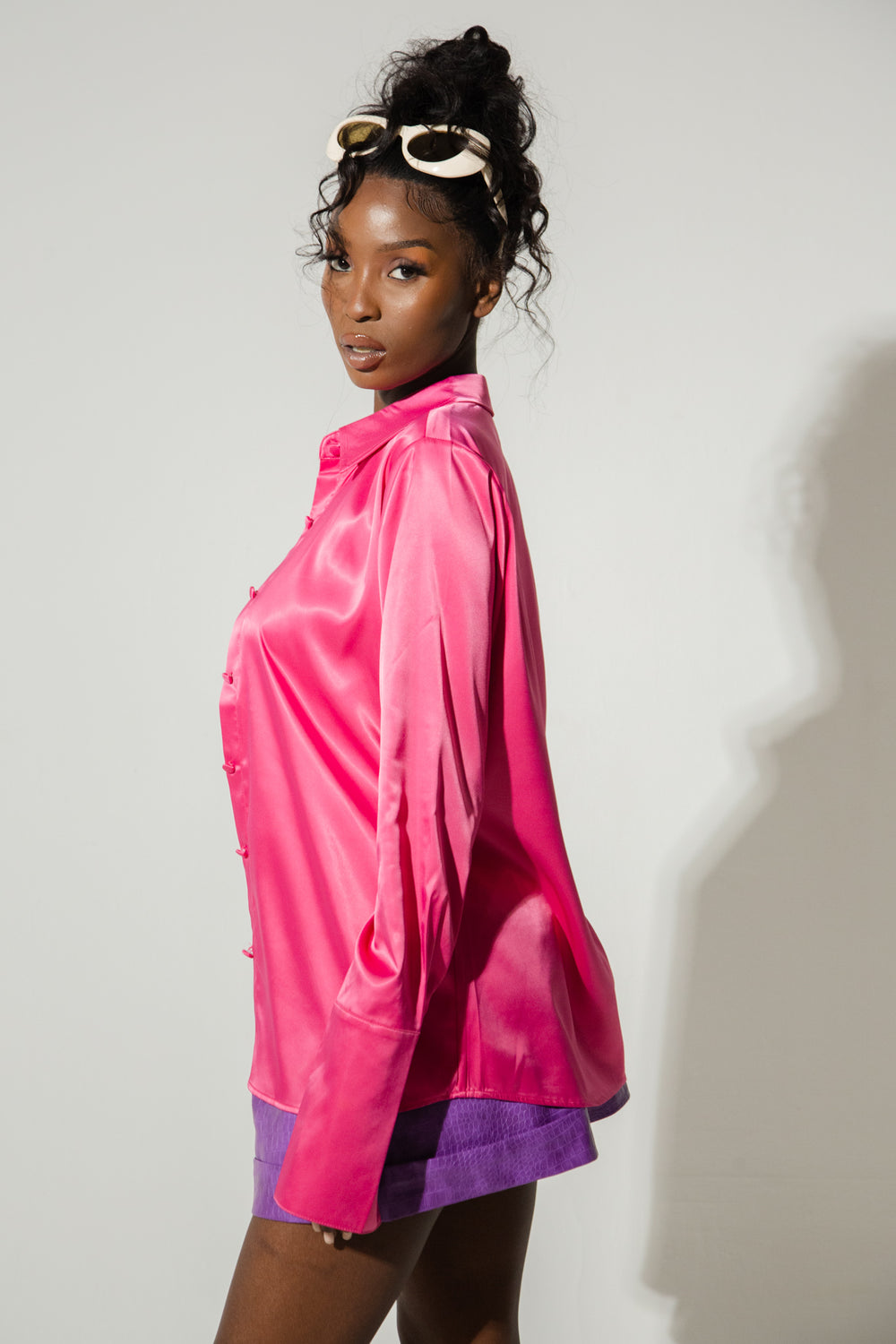 Kiam Silky Satin Button Up Shirt - Hot Pink