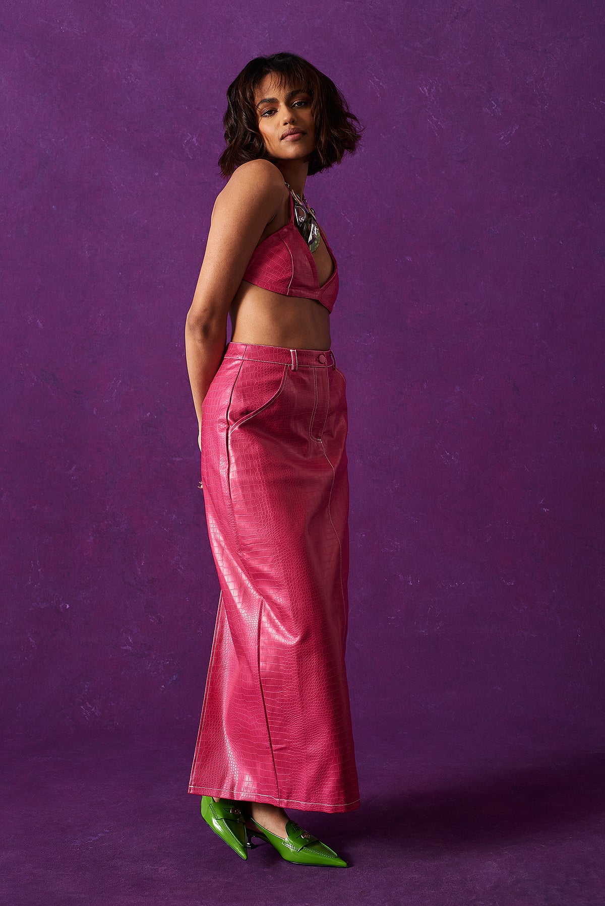 Tanav Vegan Leather Maxi Skirt - Pink