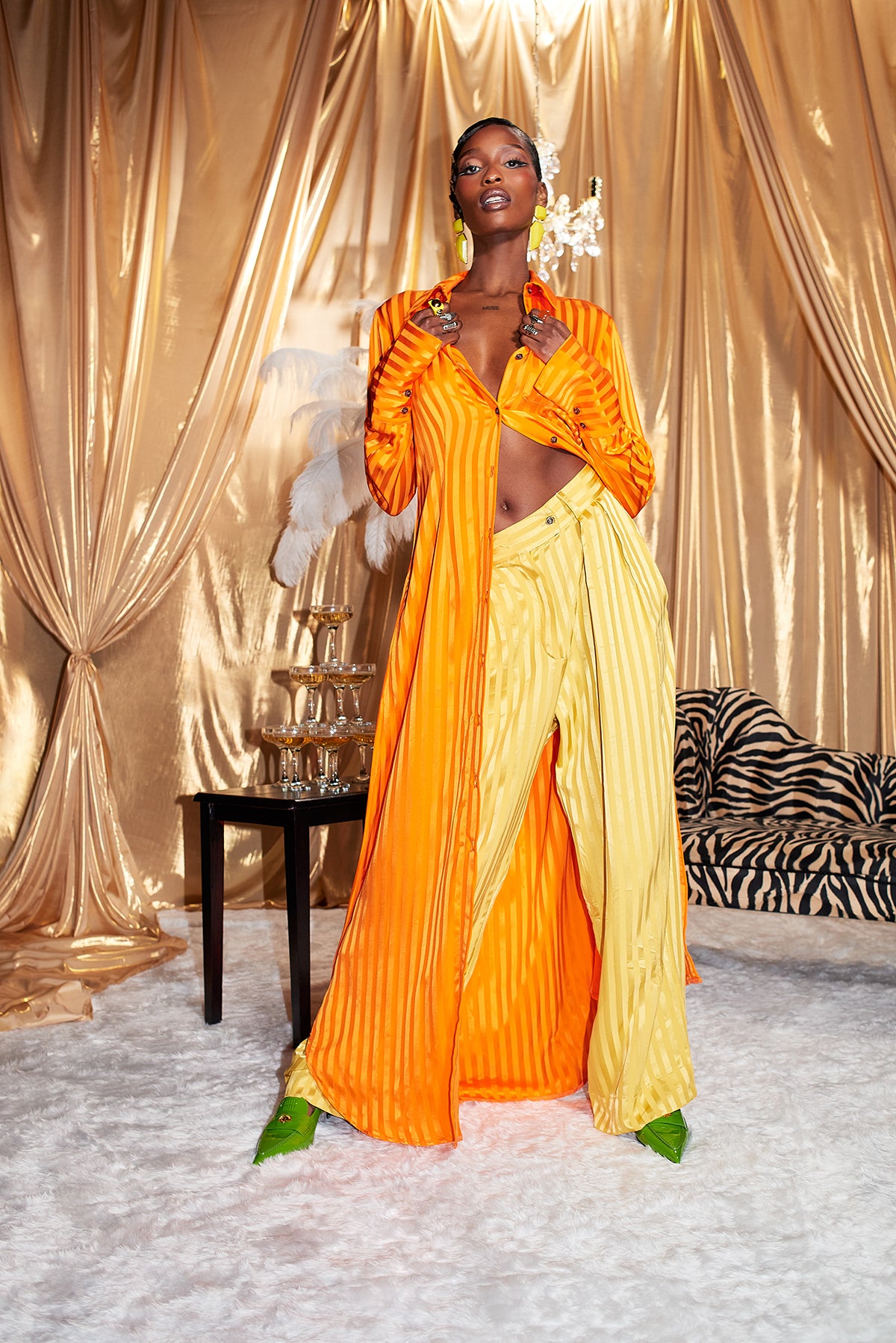 Renua Striped Silky Trousers - Mustard